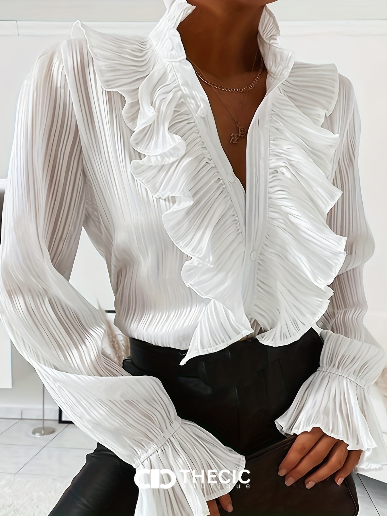Textured Pleated Ruffle Collar Long Sleeve Blouse