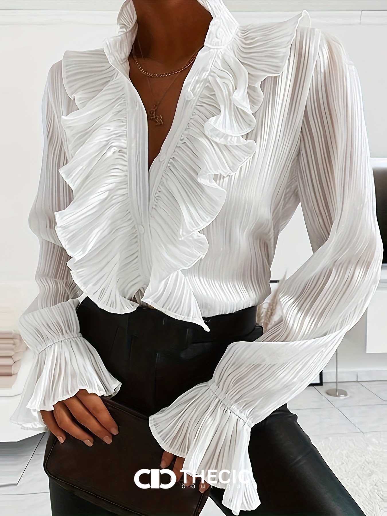Textured Pleated Ruffle Collar Long Sleeve Blouse