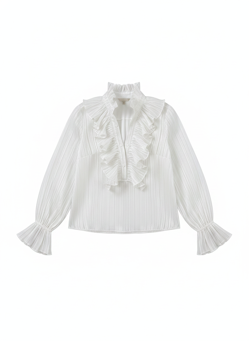 Textured Pleated Ruffle Collar Long Sleeve Blouse