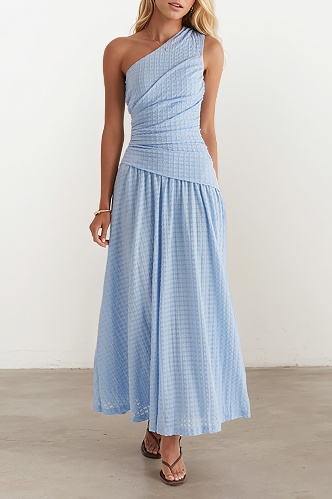 Textured Ruched One-Shoulder Maxi Dress
