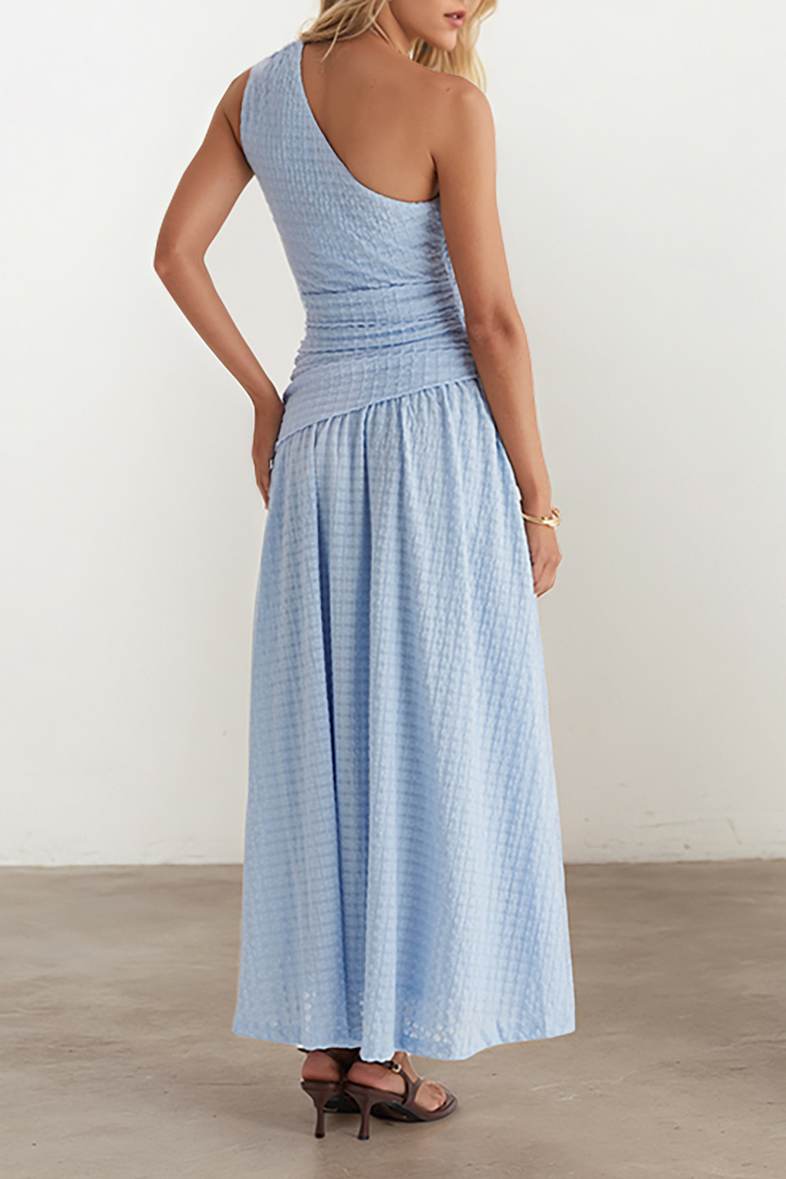Textured Ruched One-Shoulder Maxi Dress