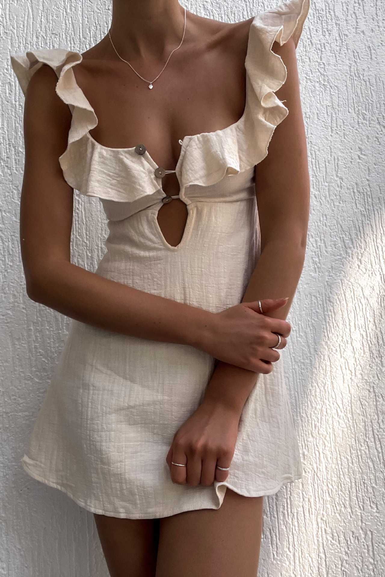 Textured Ruffle Strap Keyhole Mini Dress