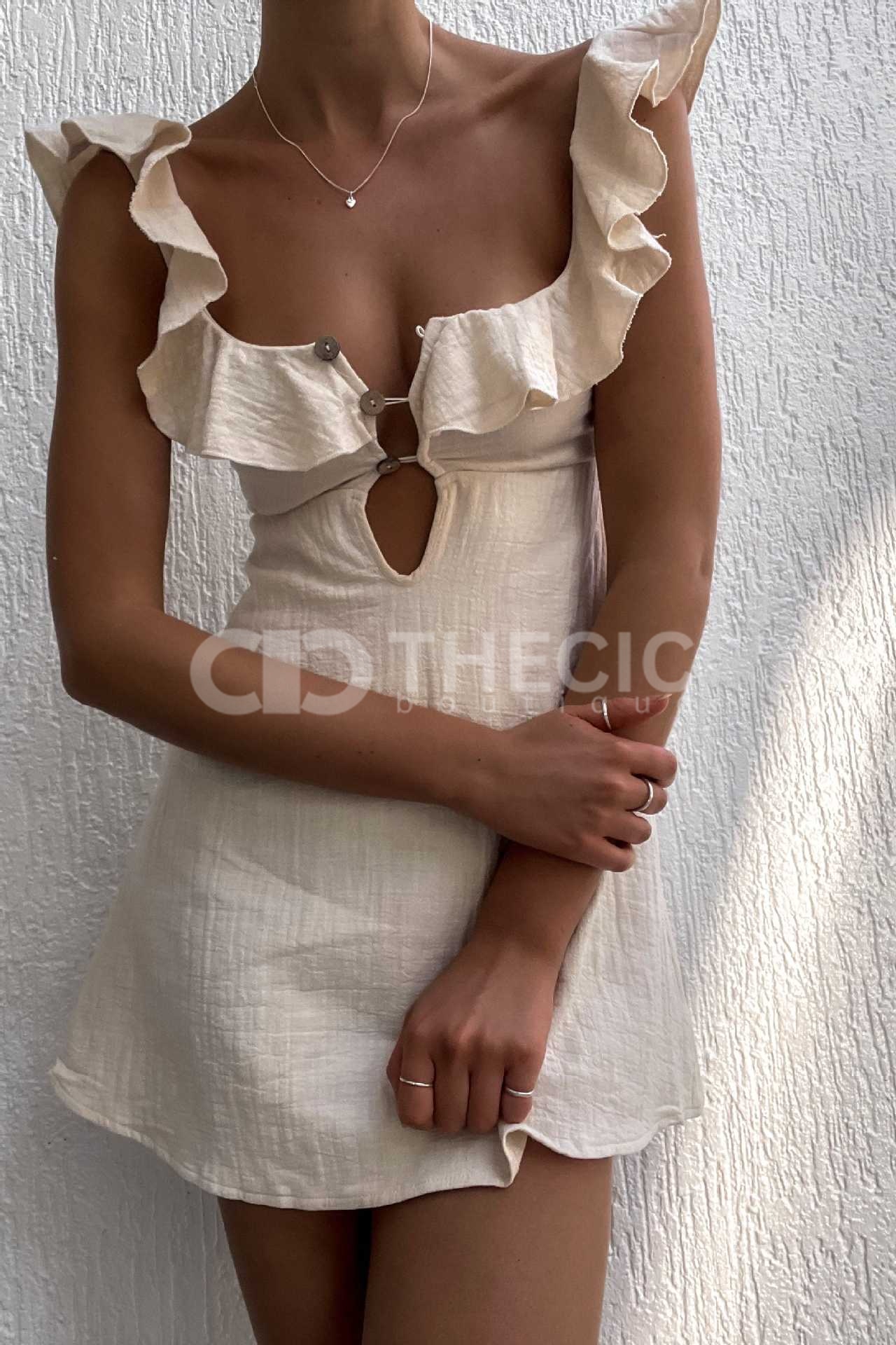 Textured Ruffle Strap Keyhole Mini Dress