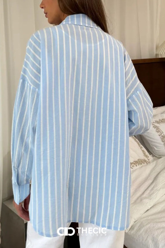 Textured Striped Button-Up Collared Relaxed Shirt