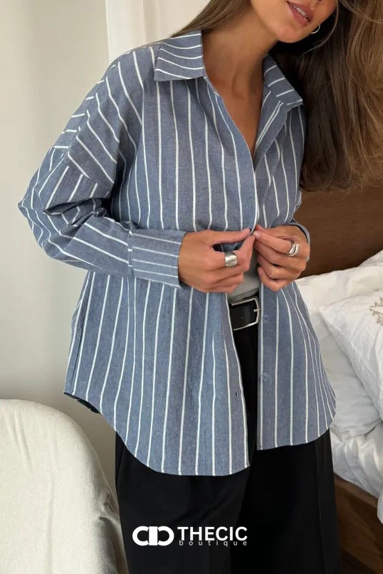Textured Striped Button-Up Collared Relaxed Shirt
