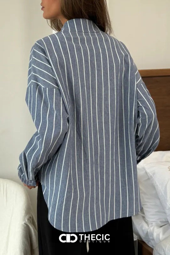 Textured Striped Button-Up Collared Relaxed Shirt