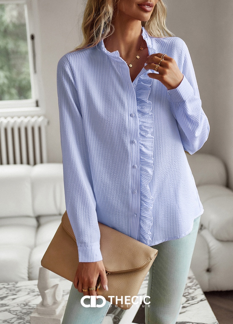 Textured Striped Ruffled Stand Collar Blouse
