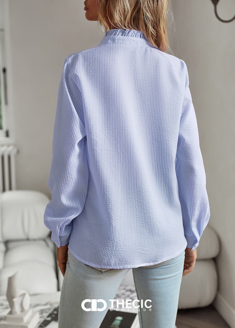 Textured Striped Ruffled Stand Collar Blouse