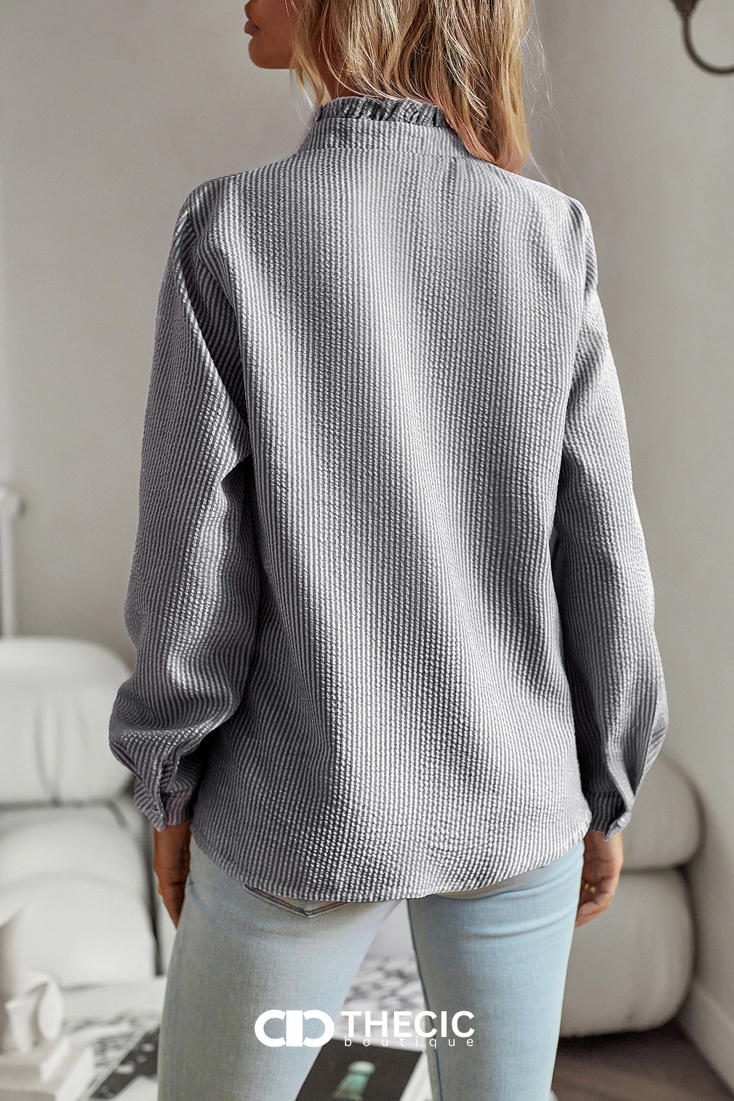 Textured Striped Ruffled Stand Collar Blouse