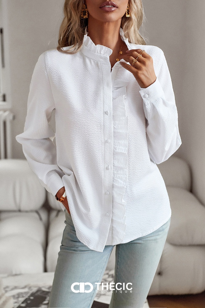 Textured Striped Ruffled Stand Collar Blouse