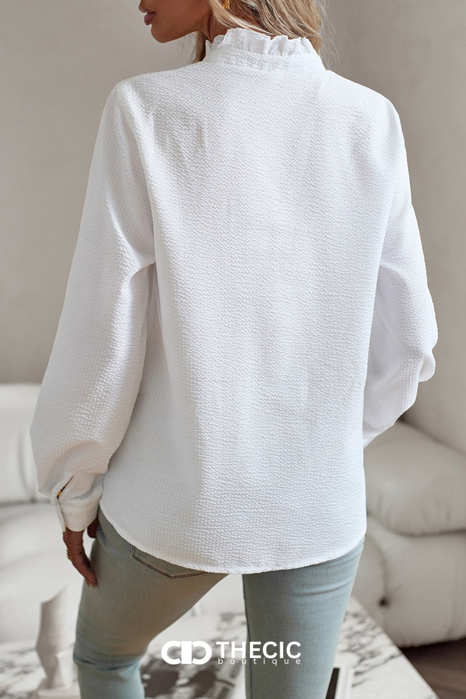 Textured Striped Ruffled Stand Collar Blouse