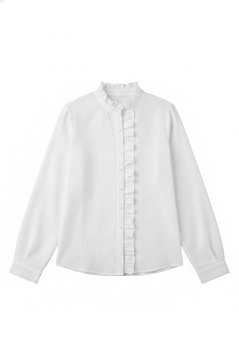 Textured Striped Ruffled Stand Collar Blouse