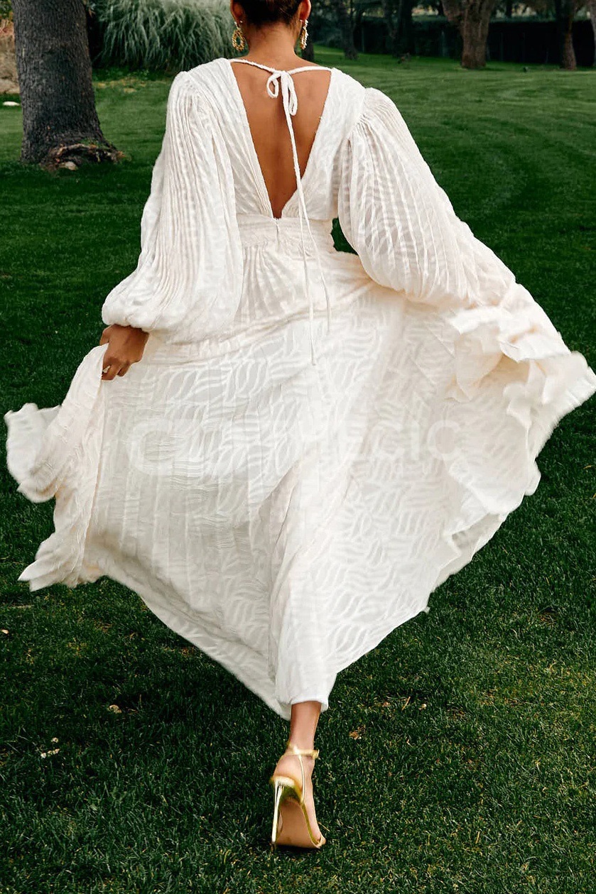 Textured V-Neck Balloon Sleeve Open-Back Maxi Dress