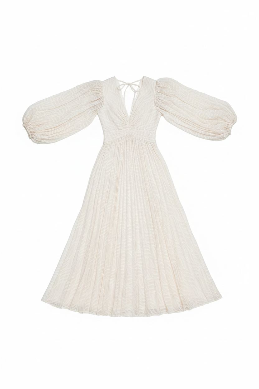 Textured V-Neck Balloon Sleeve Open-Back Maxi Dress