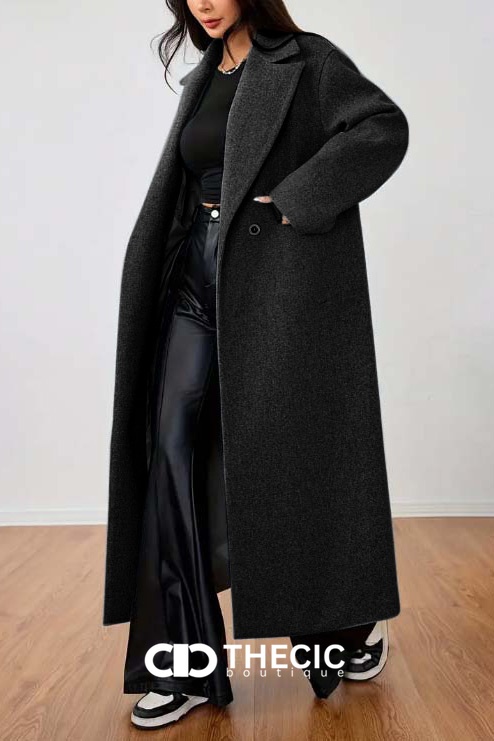 Textured Wool Blend Notched Lapel Maxi Coat