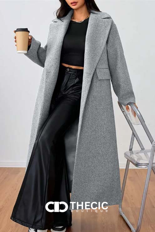 Textured Wool Blend Notched Lapel Maxi Coat