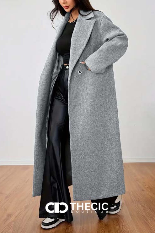 Textured Wool Blend Notched Lapel Maxi Coat
