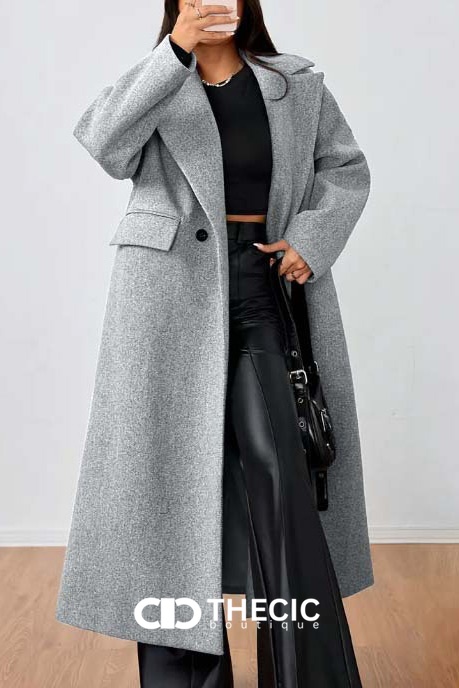 Textured Wool Blend Notched Lapel Maxi Coat