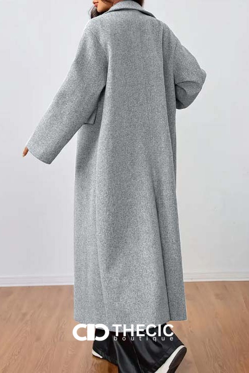 Textured Wool Blend Notched Lapel Maxi Coat
