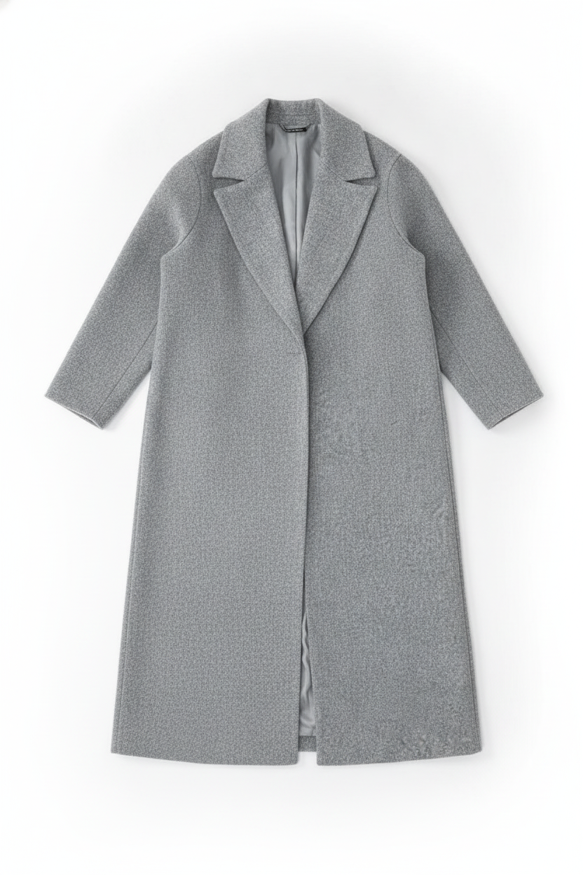 Textured Wool Blend Notched Lapel Maxi Coat