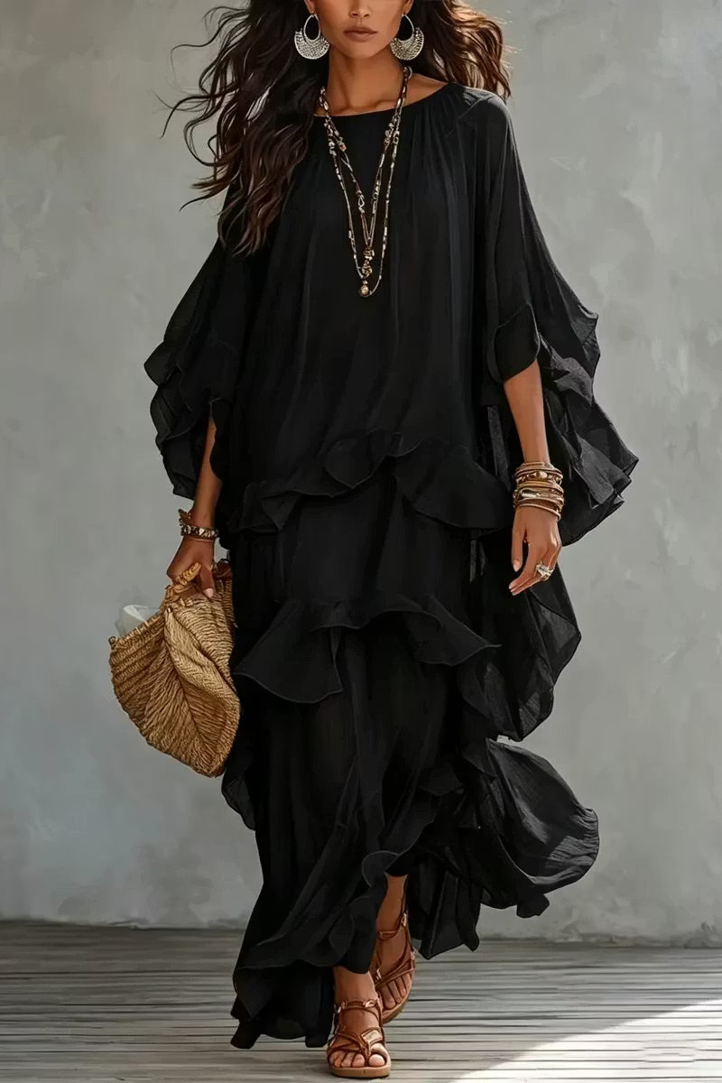 Tiered Ruffle Kaftan Sleeve Maxi Dress