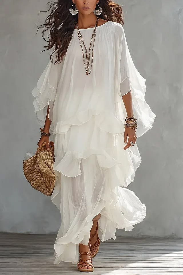 Tiered Ruffle Kaftan Sleeve Maxi Dress