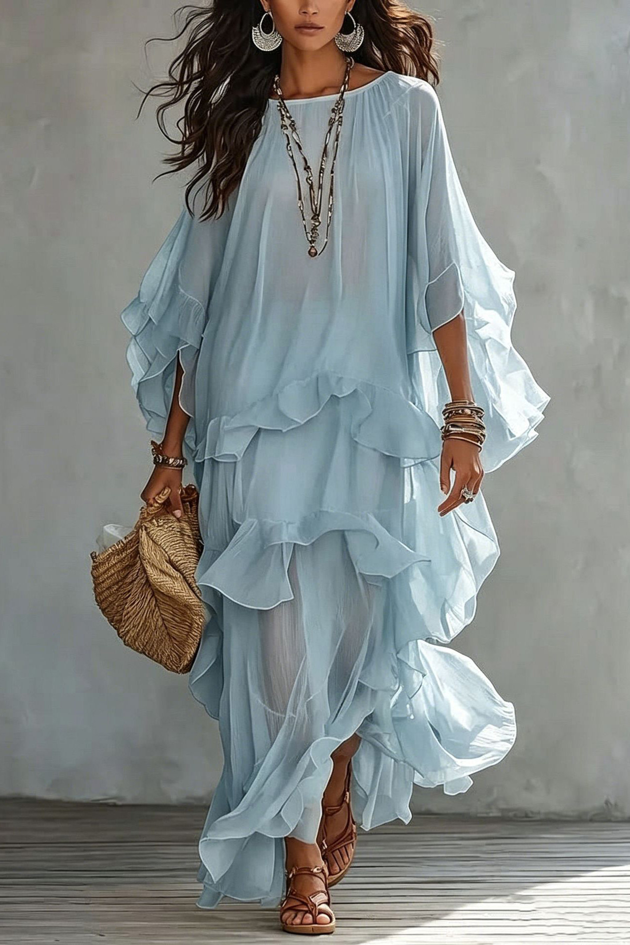 Tiered Ruffle Kaftan Sleeve Maxi Dress