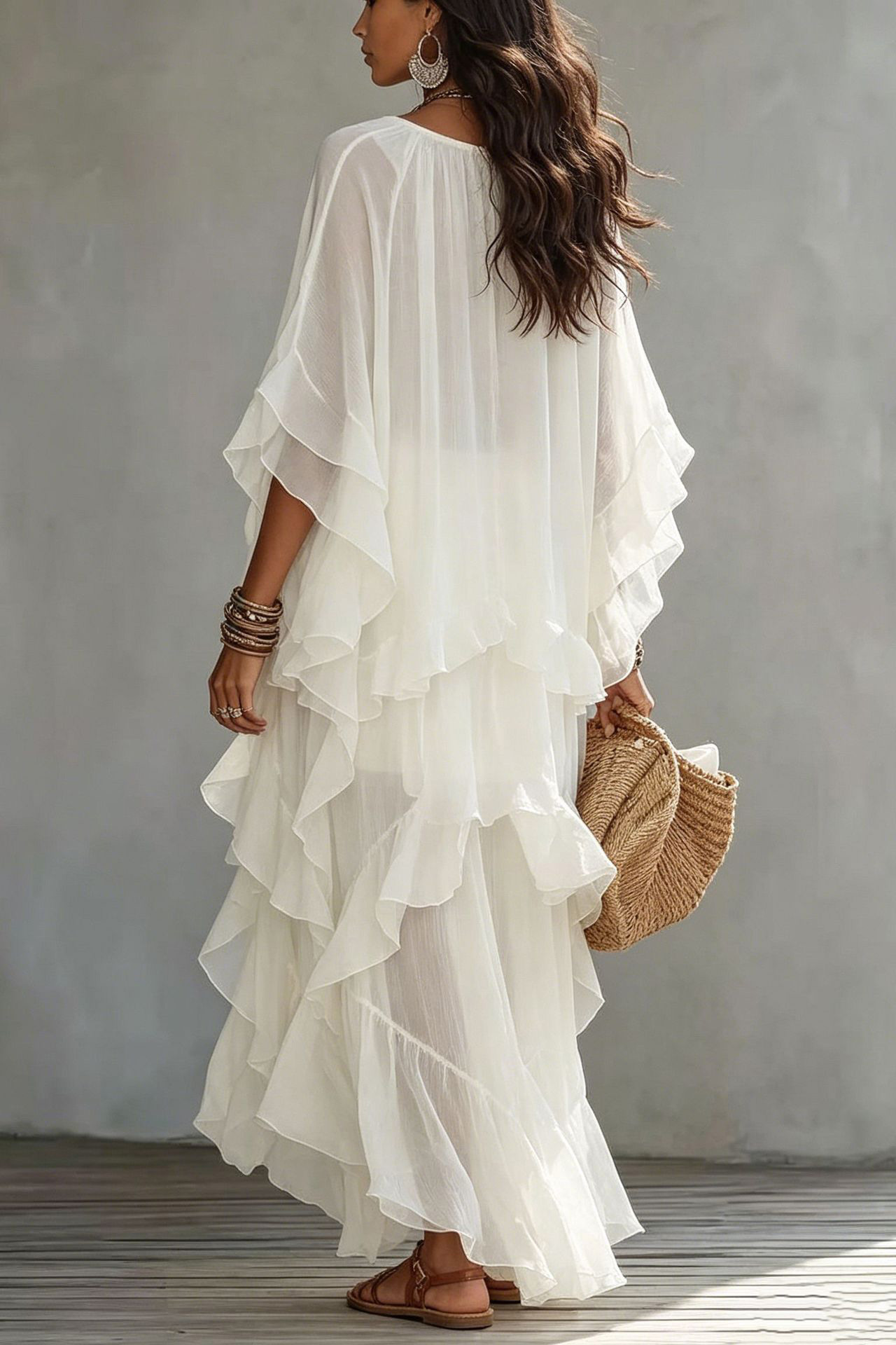 Tiered Ruffle Kaftan Sleeve Maxi Dress
