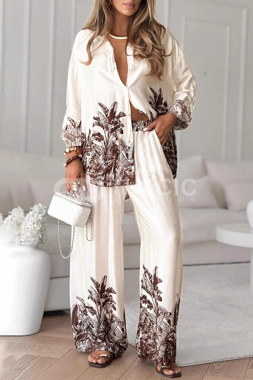 Tropical Print Relaxed Button-Up Shirt Wide-Leg Pants Set