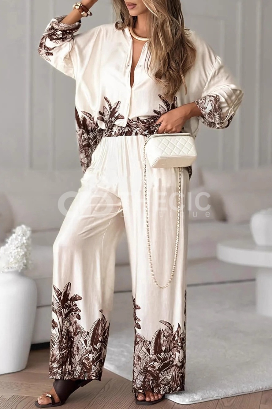 Tropical Print Relaxed Button-Up Shirt Wide-Leg Pants Set