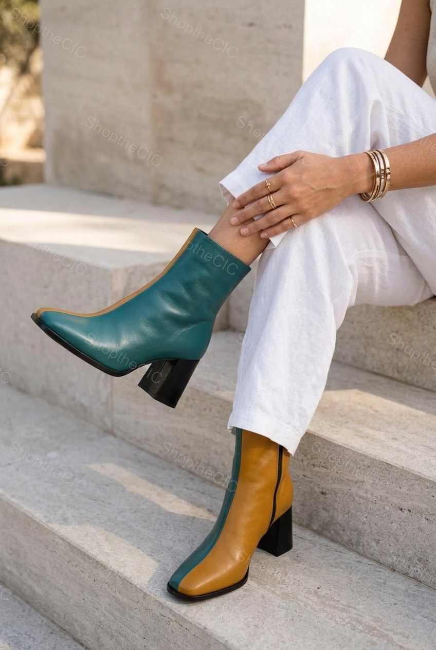 Two-Tone Colorblock Square-Toe Block Heel Ankle Boots