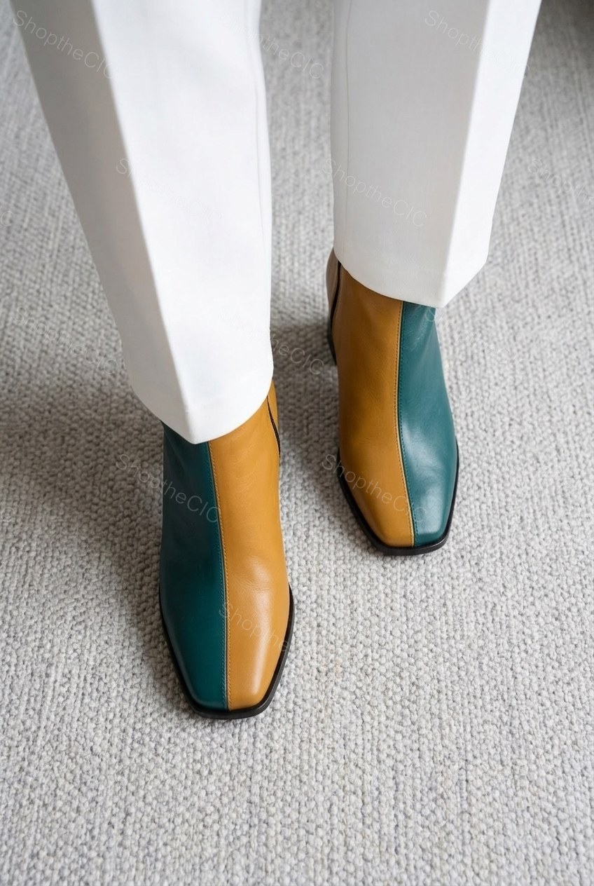 Two-Tone Colorblock Square-Toe Block Heel Ankle Boots