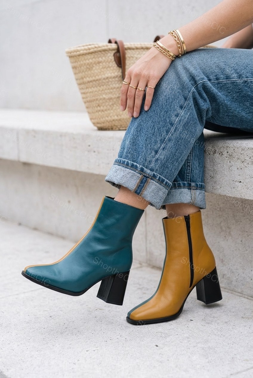 Two-Tone Colorblock Square-Toe Block Heel Ankle Boots