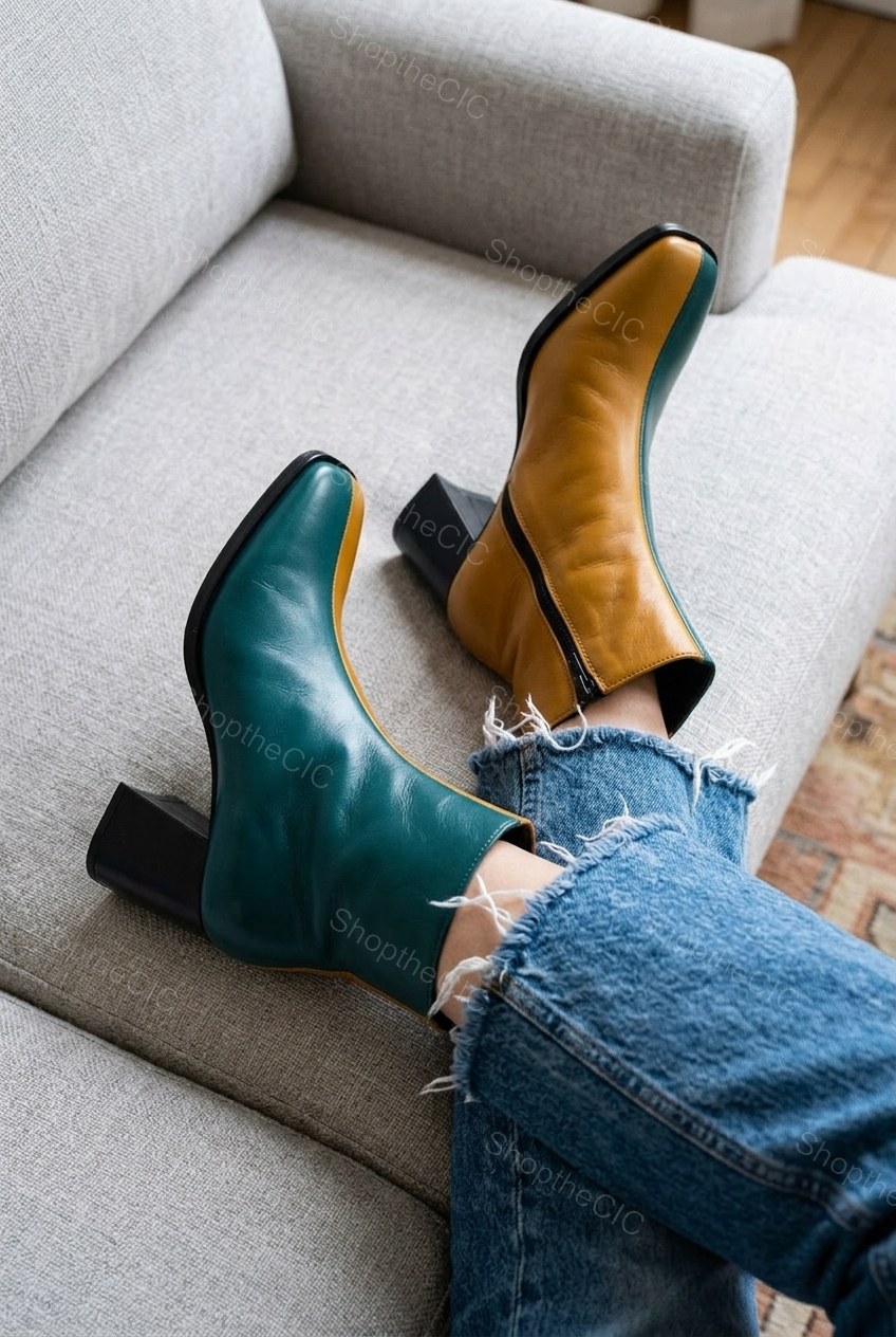 Two-Tone Colorblock Square-Toe Block Heel Ankle Boots
