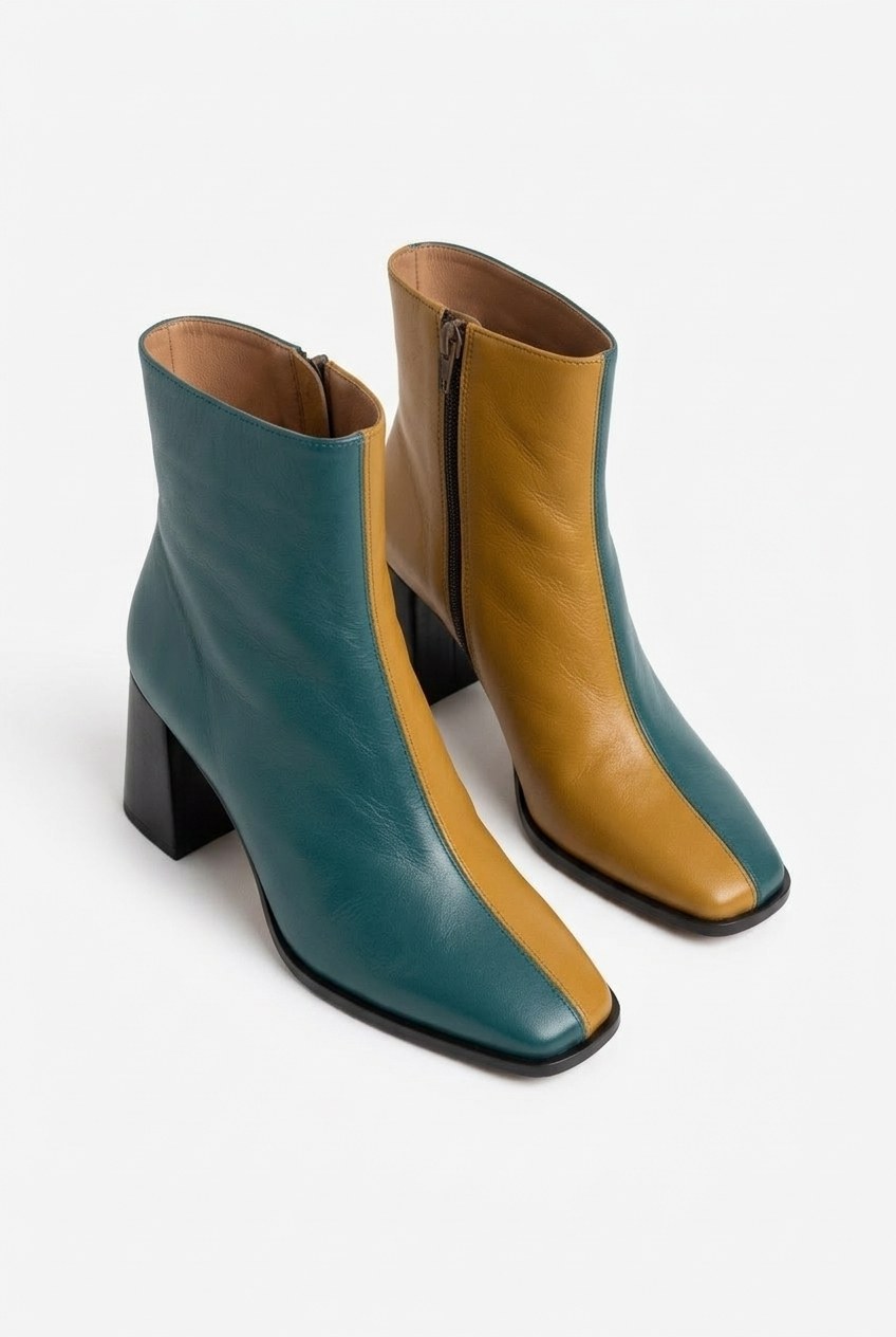 Two-Tone Colorblock Square-Toe Block Heel Ankle Boots
