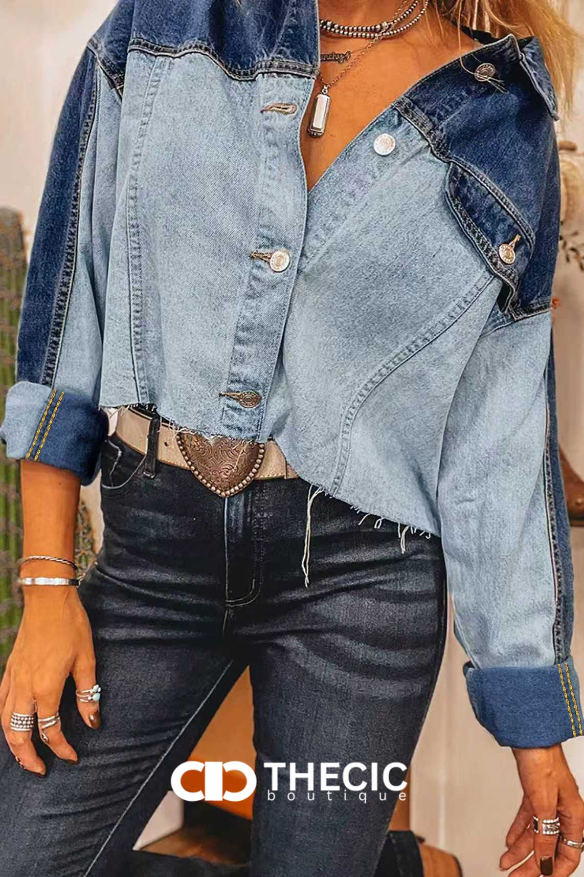 Two-Tone Denim Raw Hem Cropped Jacket