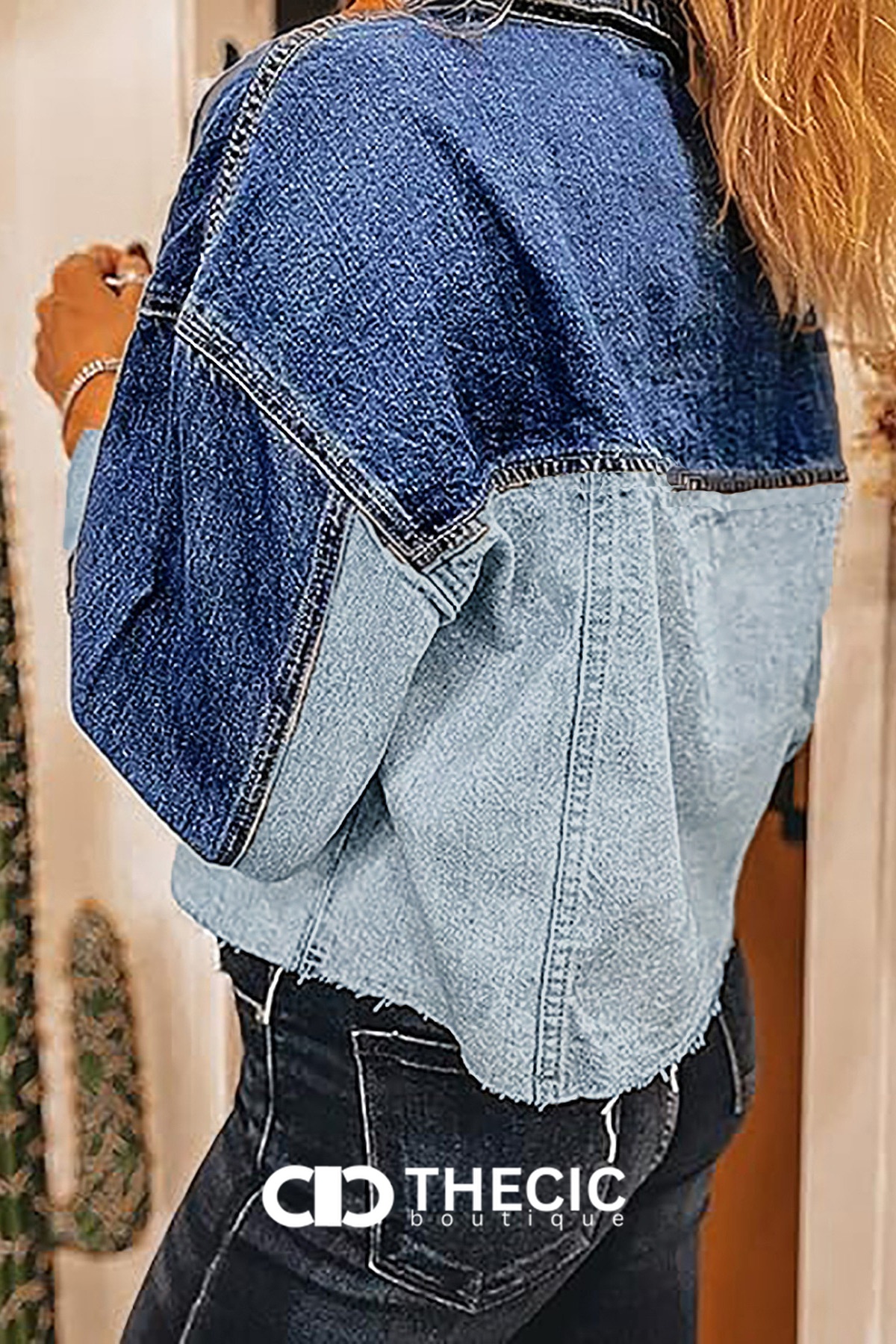 Two-Tone Denim Raw Hem Cropped Jacket