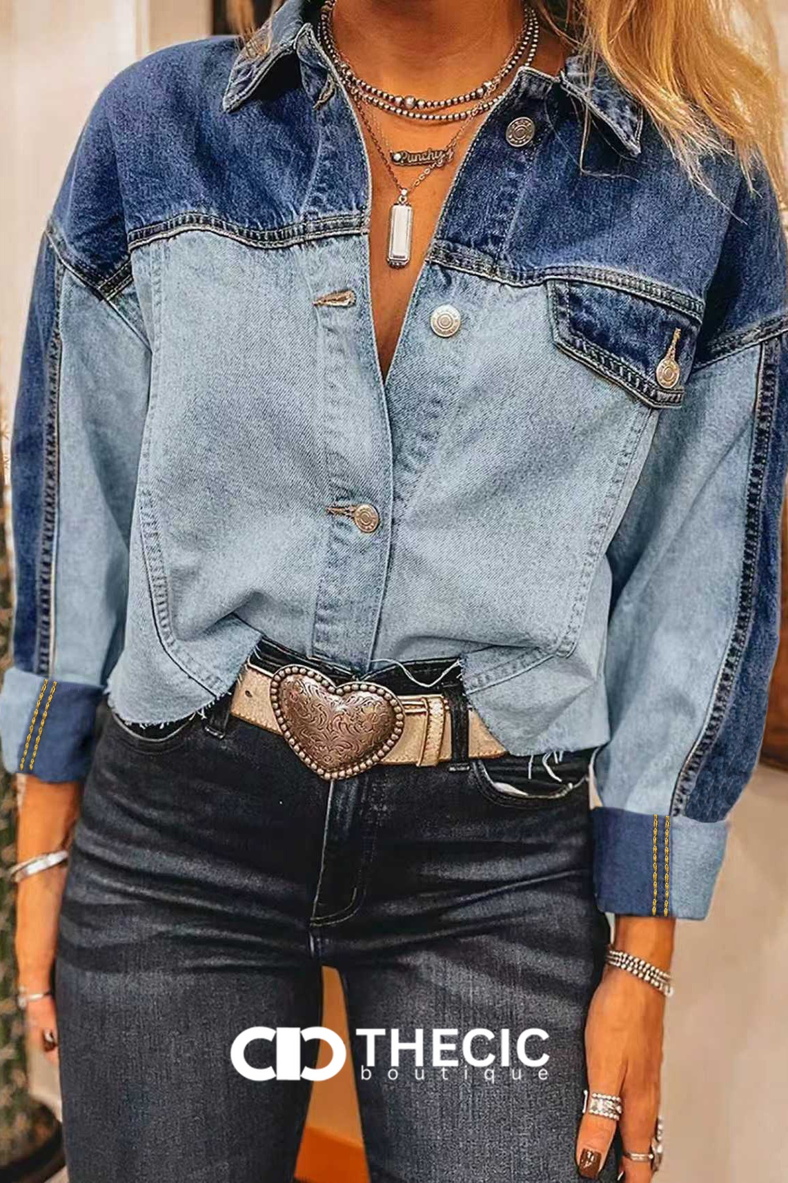 Two-Tone Denim Raw Hem Cropped Jacket