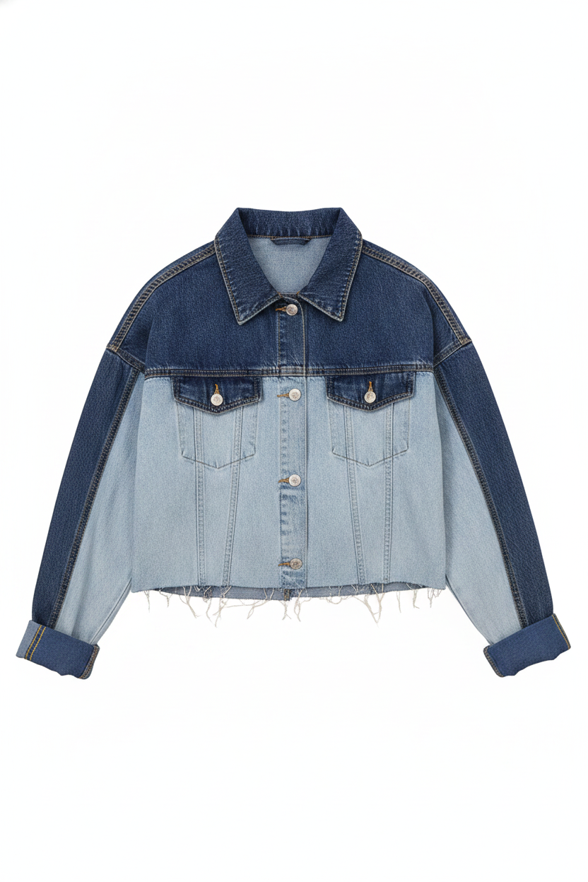 Two-Tone Denim Raw Hem Cropped Jacket