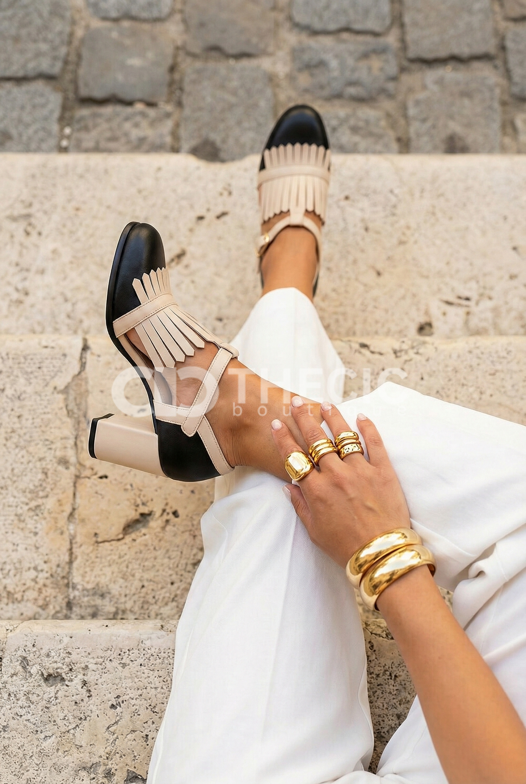 Two-Tone Fringe Block Heel Mary Jane Pumps