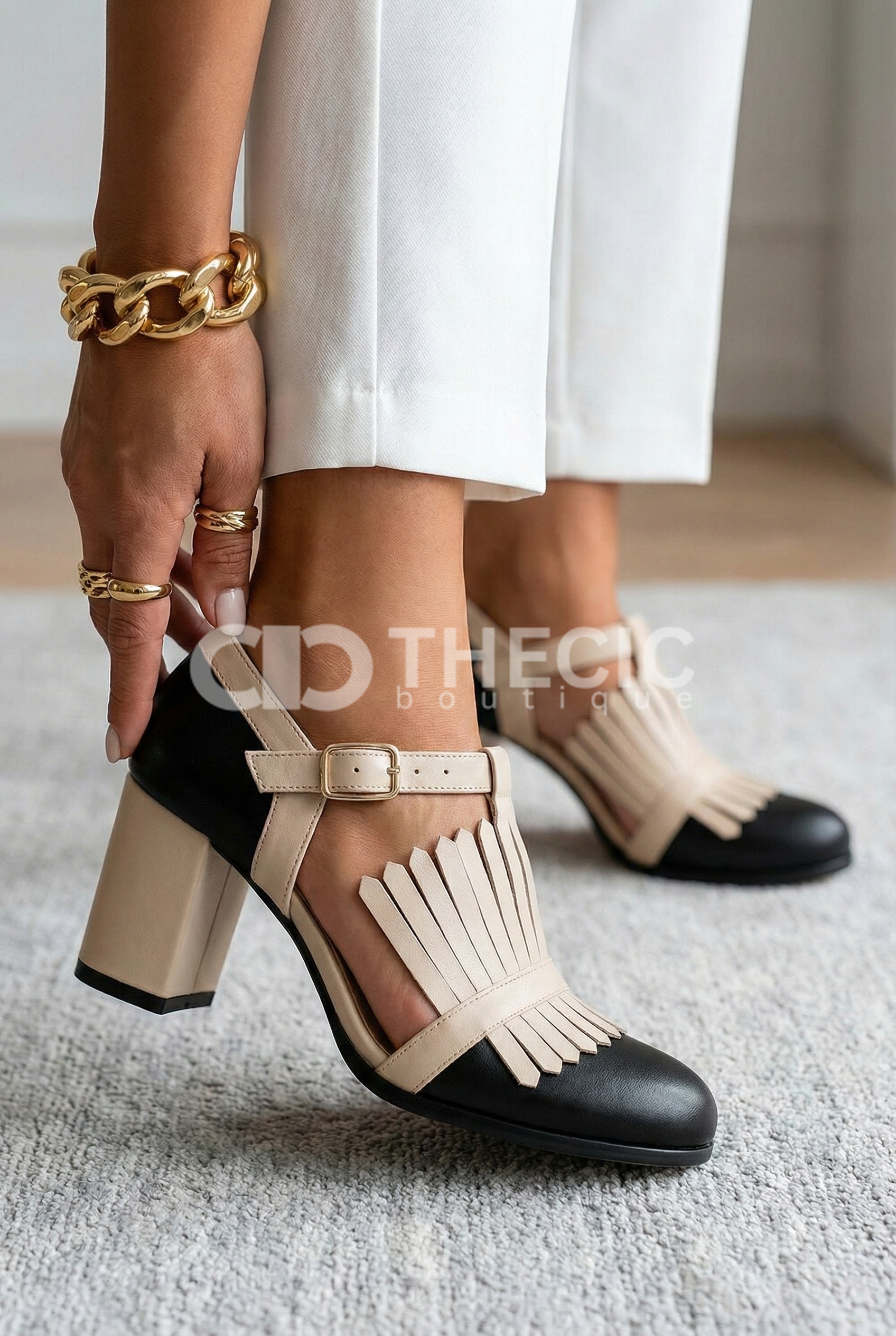 Two-Tone Fringe Block Heel Mary Jane Pumps