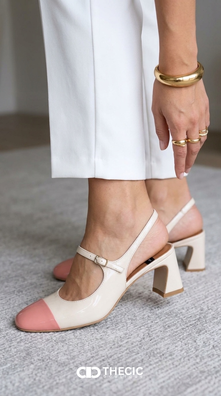 Two-Tone Leather Mary Jane Slingback Block Heels