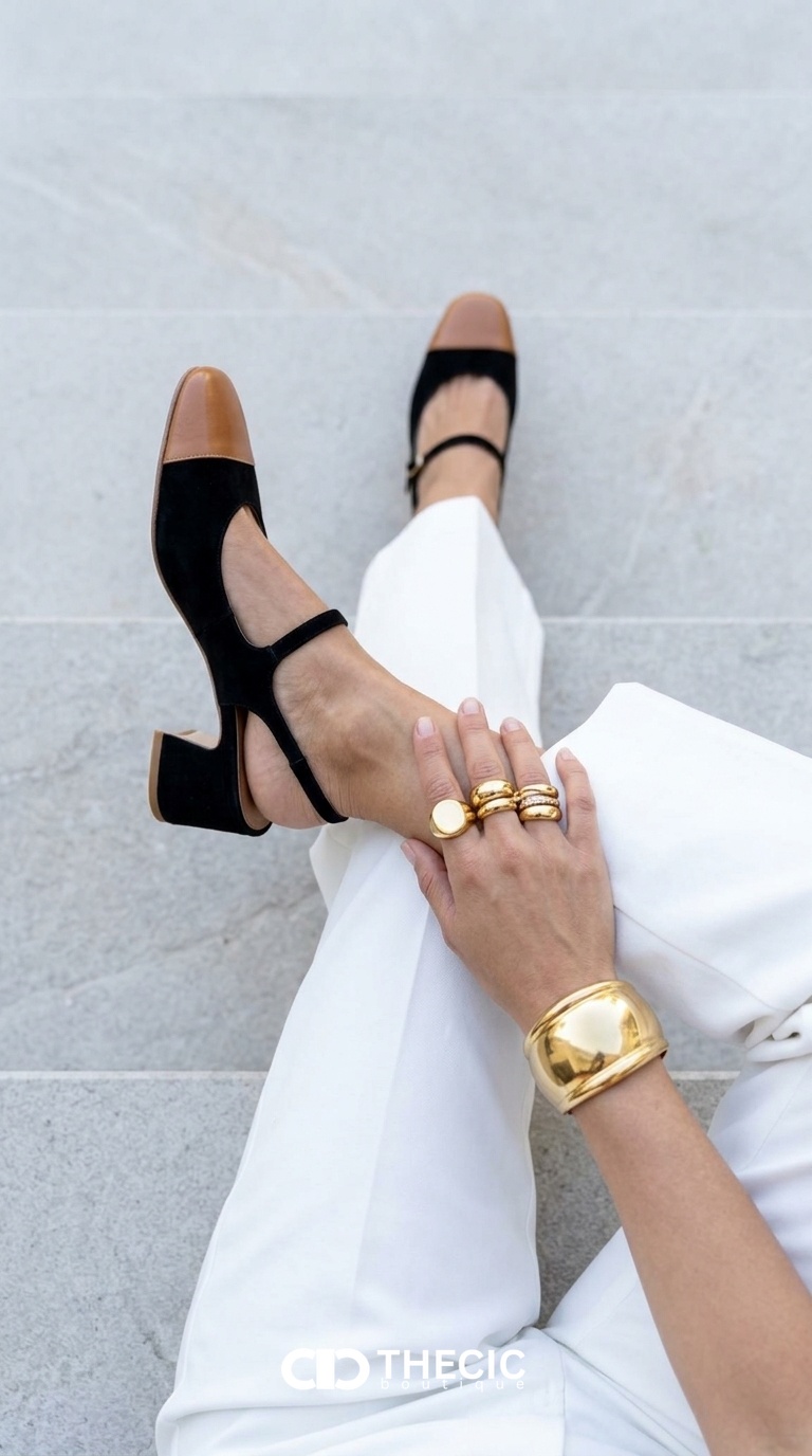 Two-Tone Leather Mary Jane Slingback Block Heels