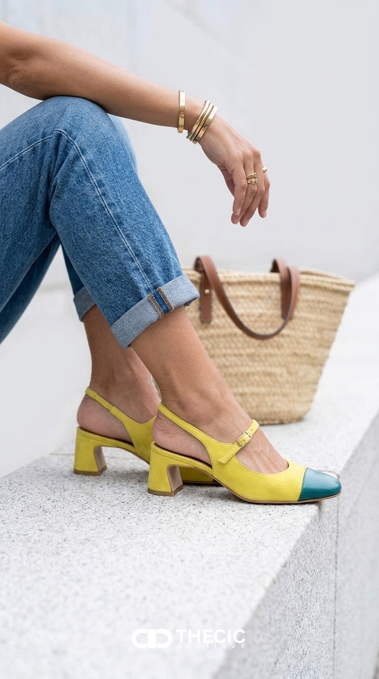 Two-Tone Leather Mary Jane Slingback Block Heels