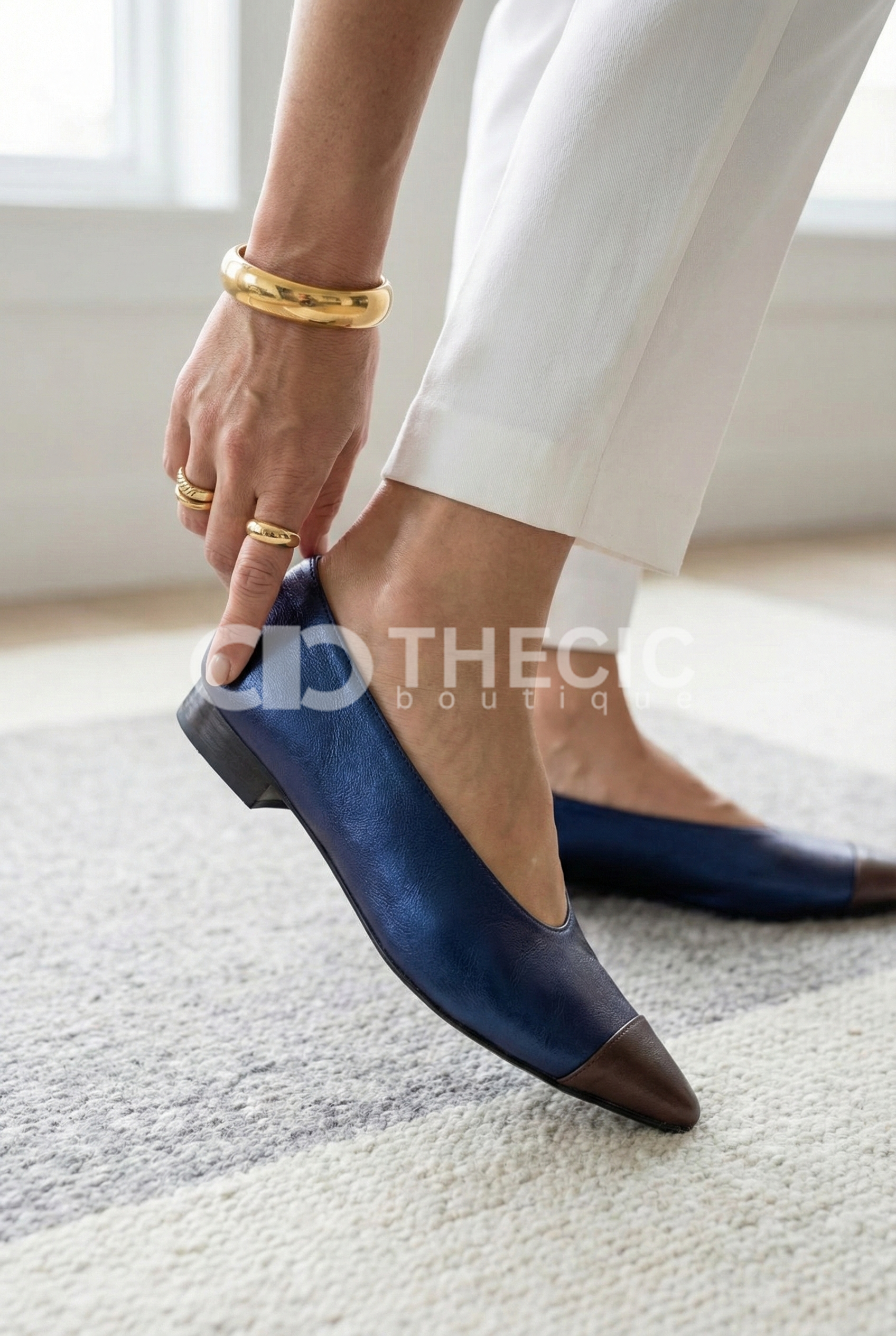 Two-Tone Leather Pointed-Toe Cap-Toe Flats