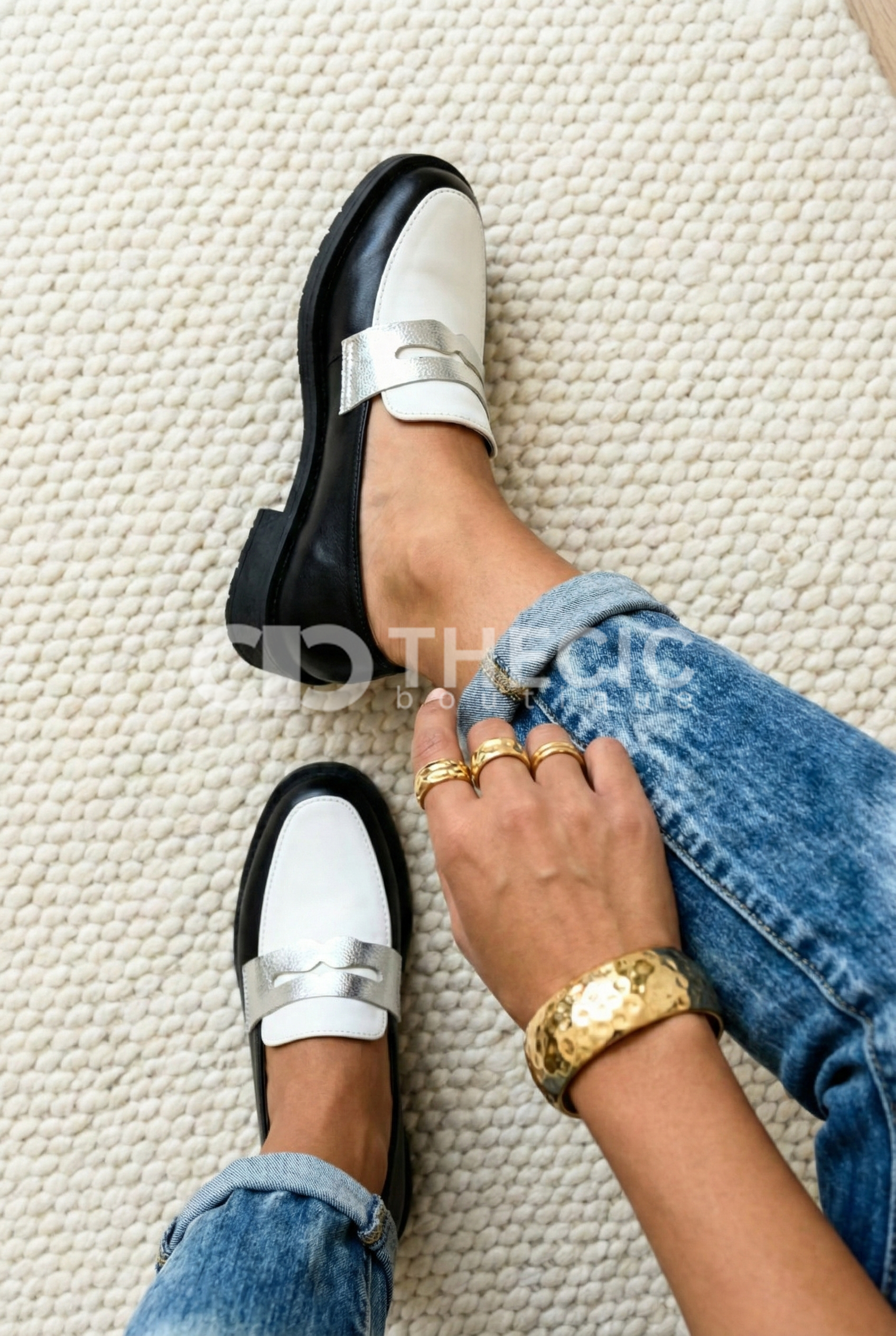 Two-Tone Leather Silver Strap Loafers