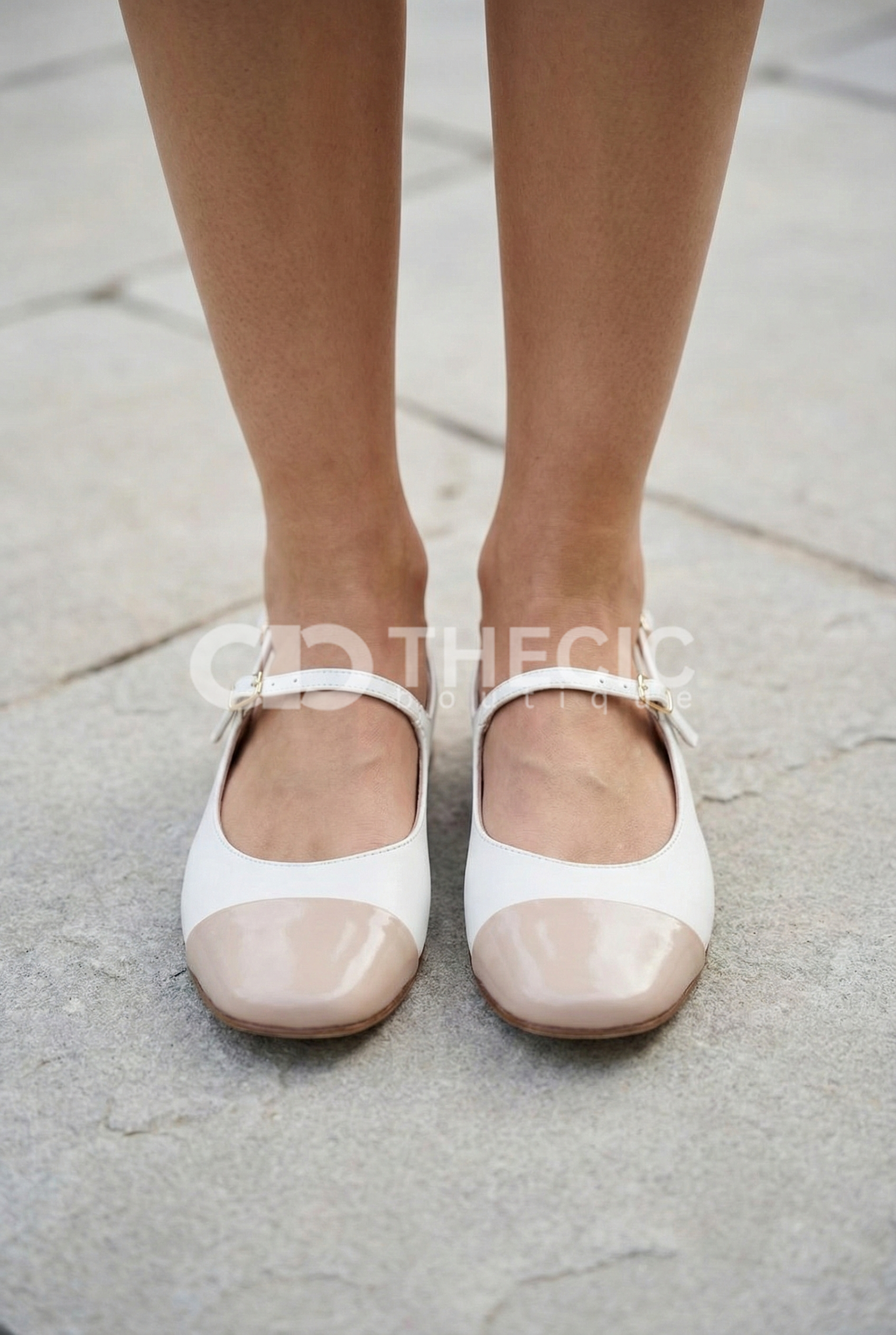 Two-Tone Leather Square-Toe Slingback Mary Jane Flats