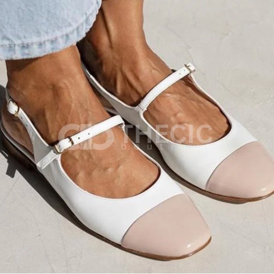 Two-Tone Leather Square-Toe Slingback Mary Jane Flats