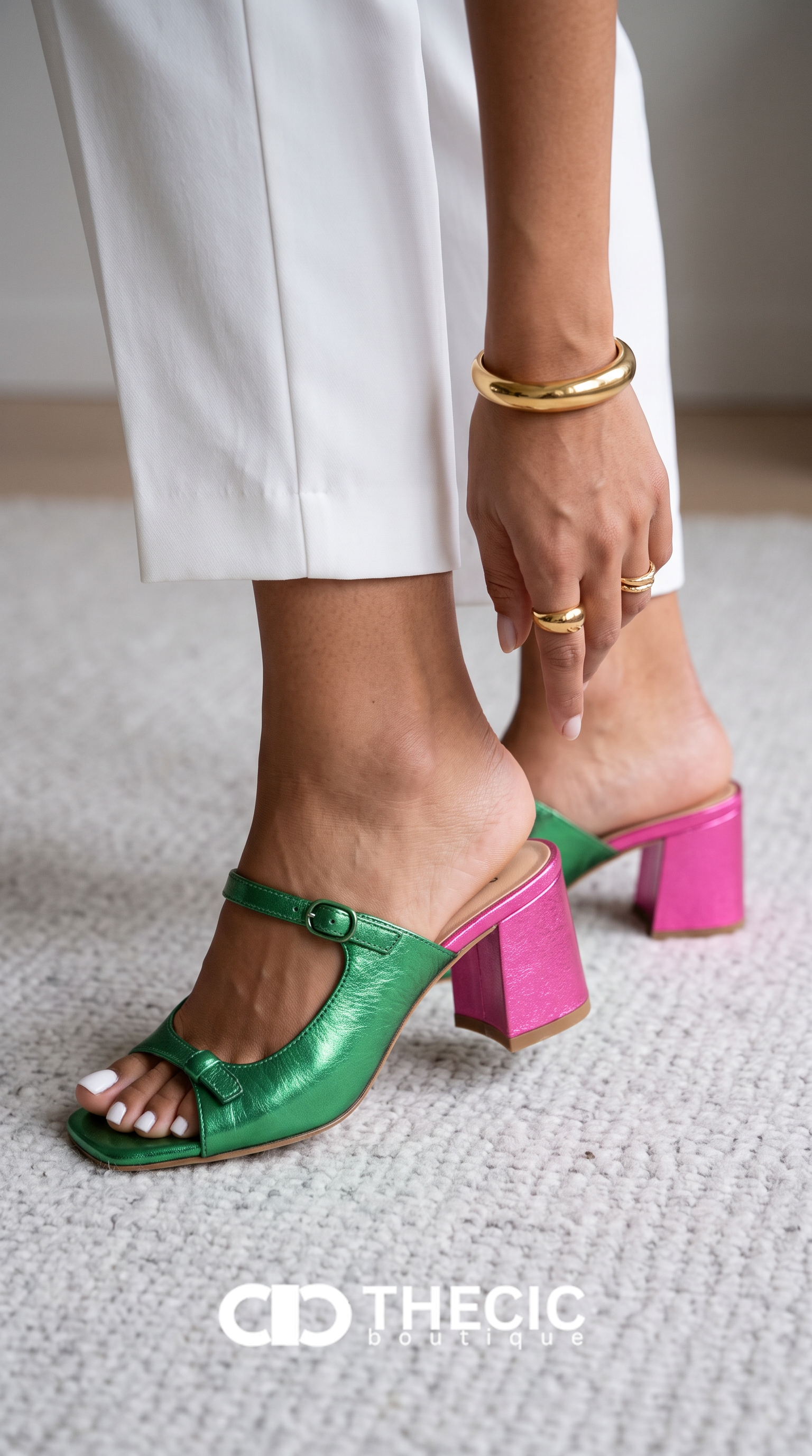 Two-Tone Metallic Square-Toe Block Heel Mule Sandals