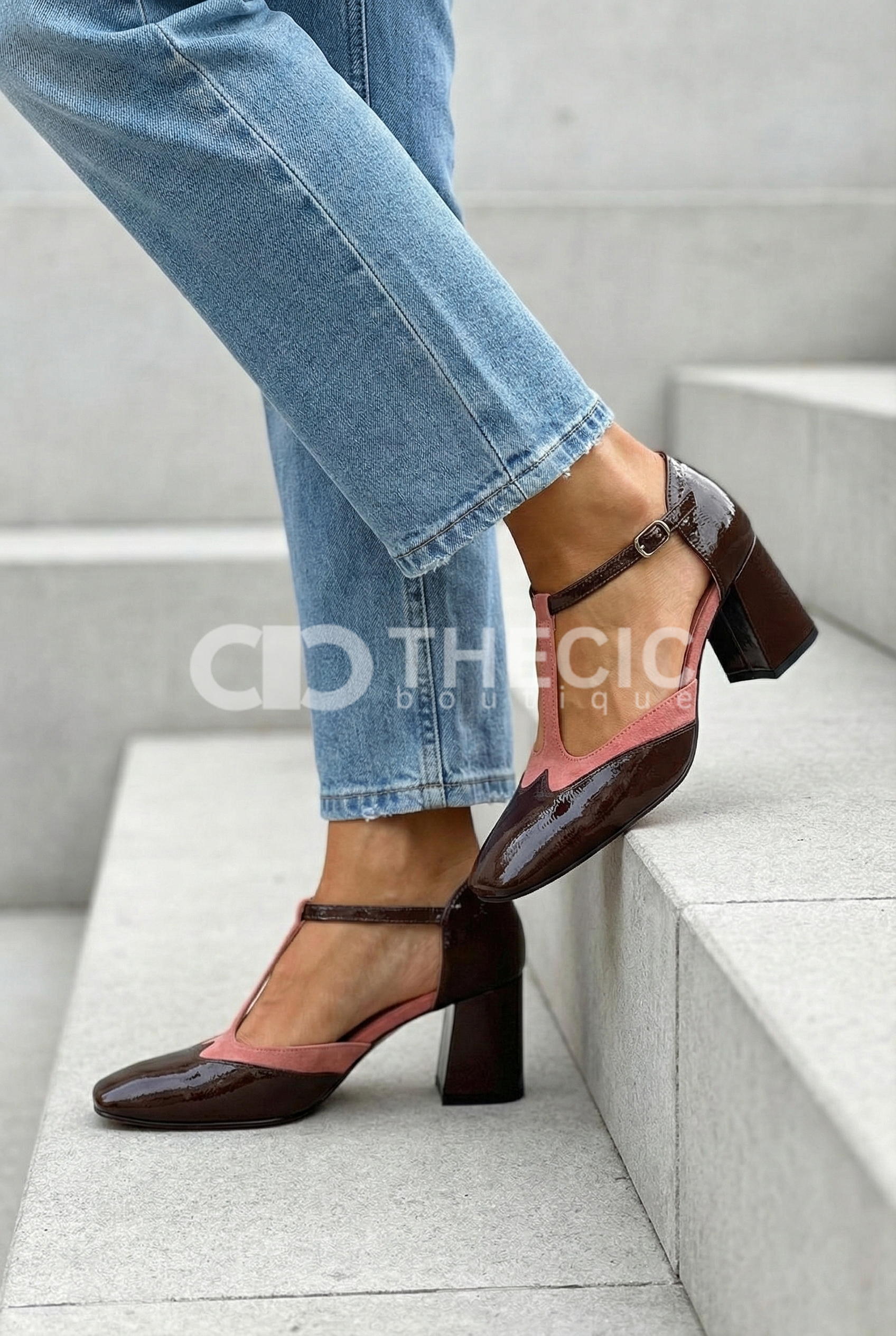 Two-Tone Patent T-Strap Block Heel Mary Jane Pumps